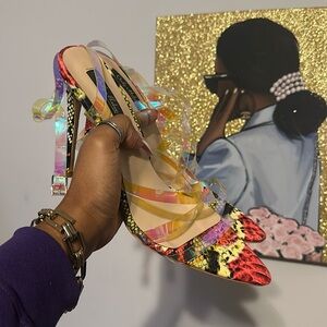 Snake print heeled sandal with iridescent straps